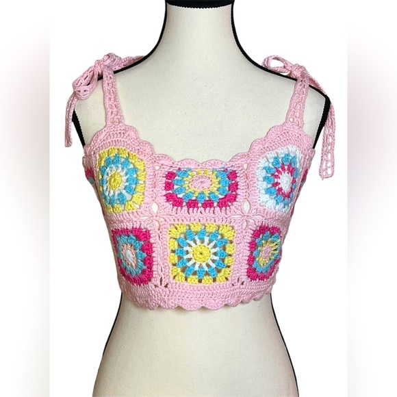 NWT Dolls Kill Crochet Crop Tank Pink Soaked In Sunshine By Sugar Thrillz XS/S - Picture 1 of 8